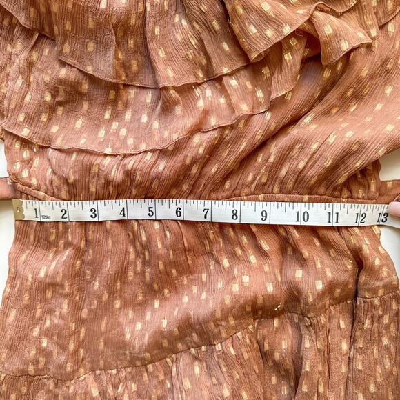 Rococo Sand Aine One Shoulder Mini Chiffon Ruffle Dress Tan Gold Small - Picture 13 of 14